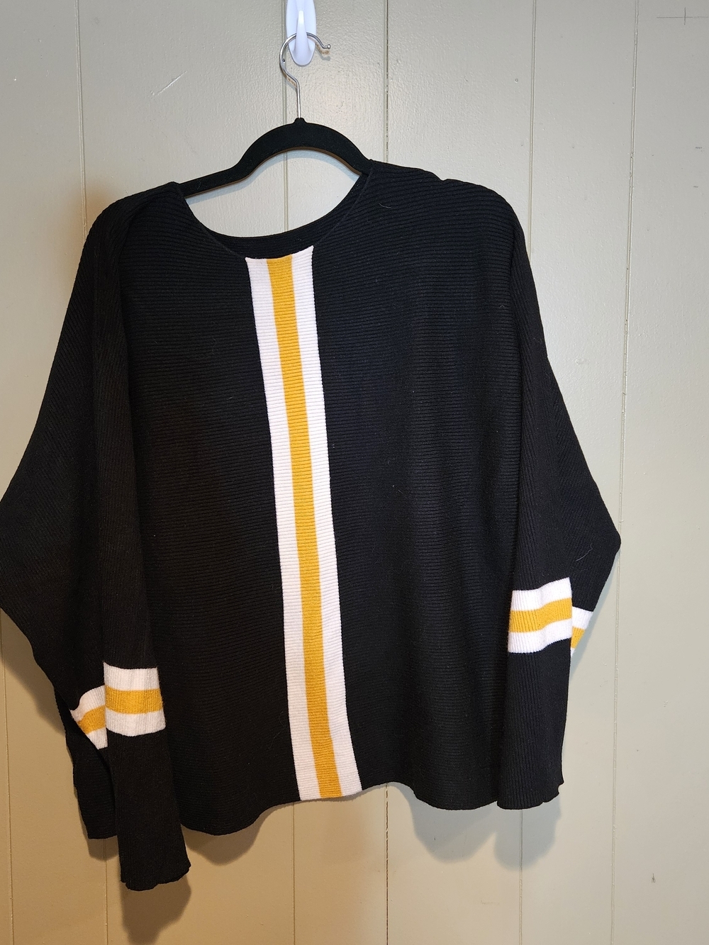 Black Knit Sweater XL Yellow White Stripe Colorblock Cozy Oversized Chic Top